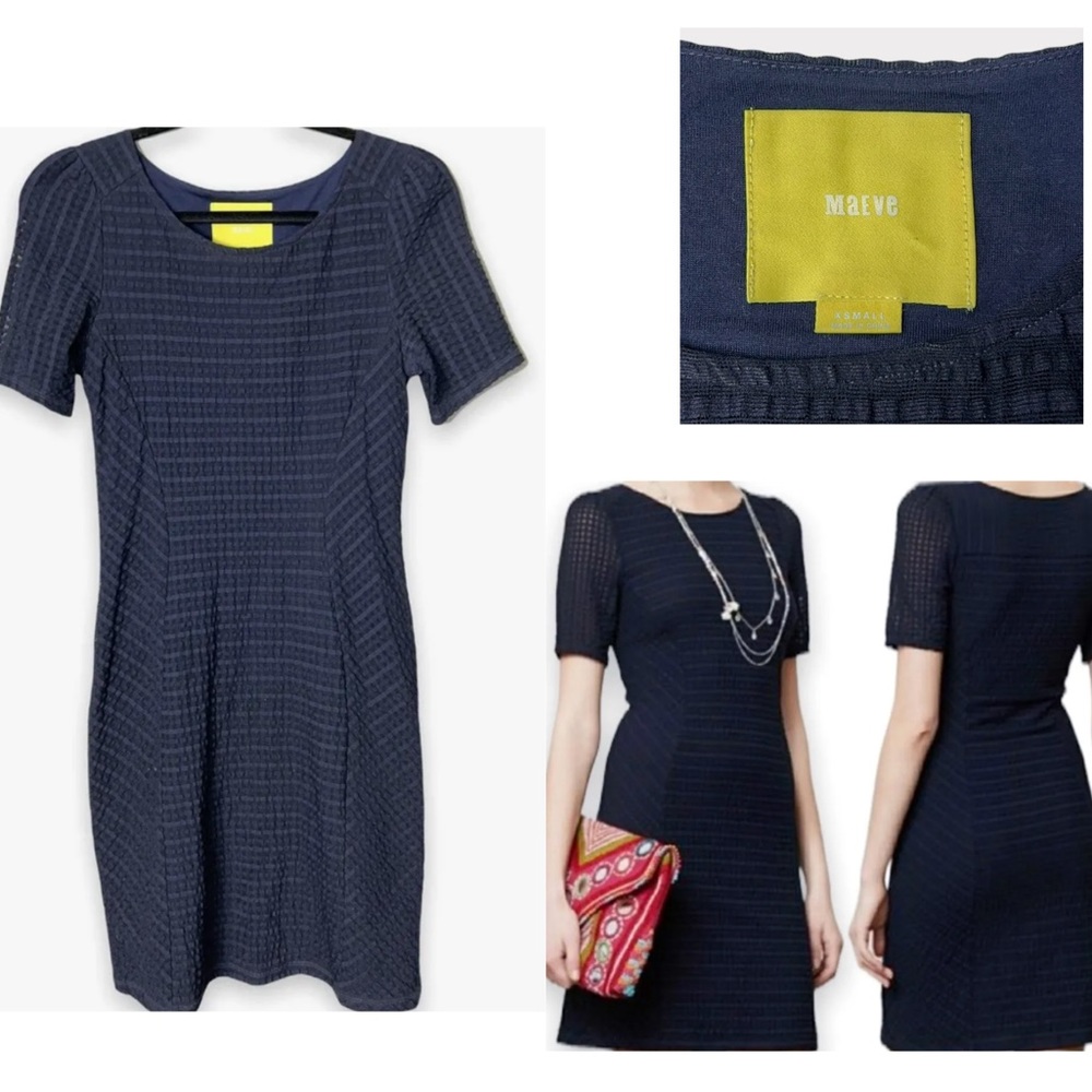 Anthro Maeve Anthropologie XS navy blue dress textured Sheath Mini Short Sleeve